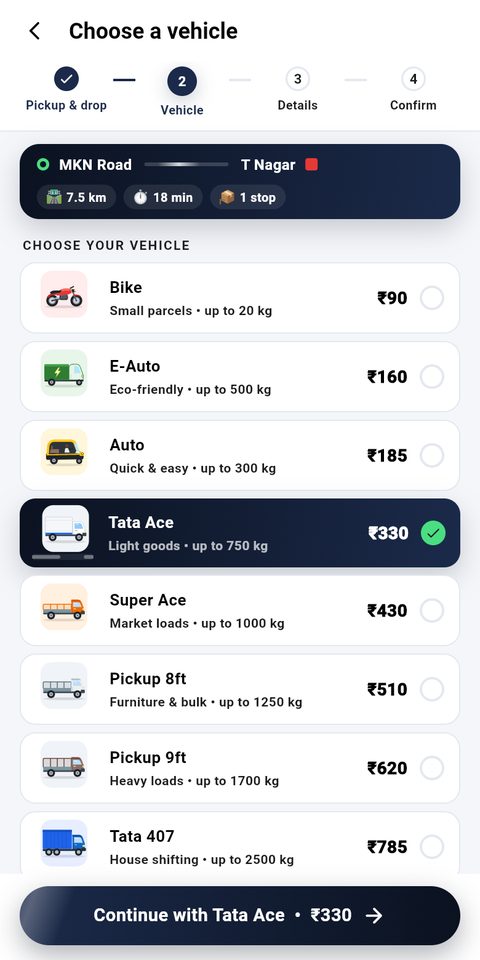 Choose a vehicle and see the fare
